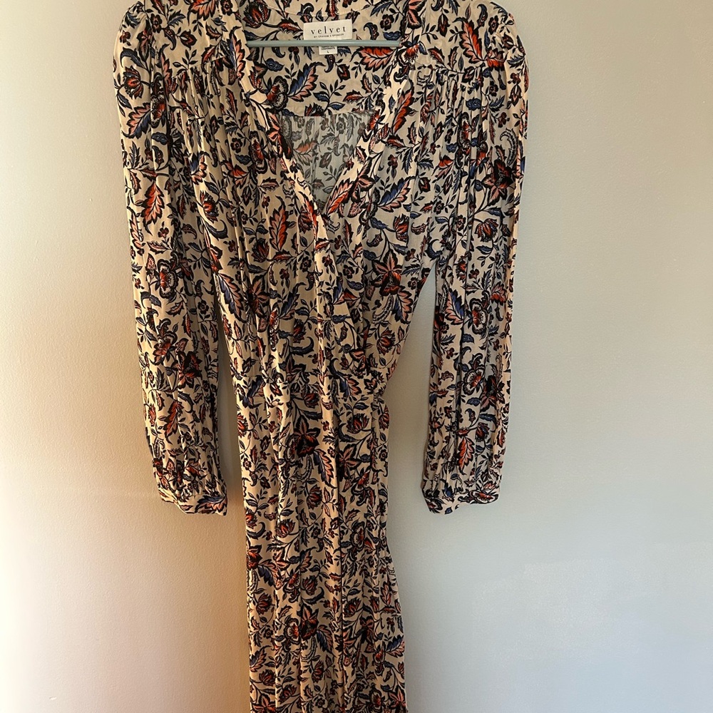 Velvet Long Sleeve Floral Dress - Black and Orange